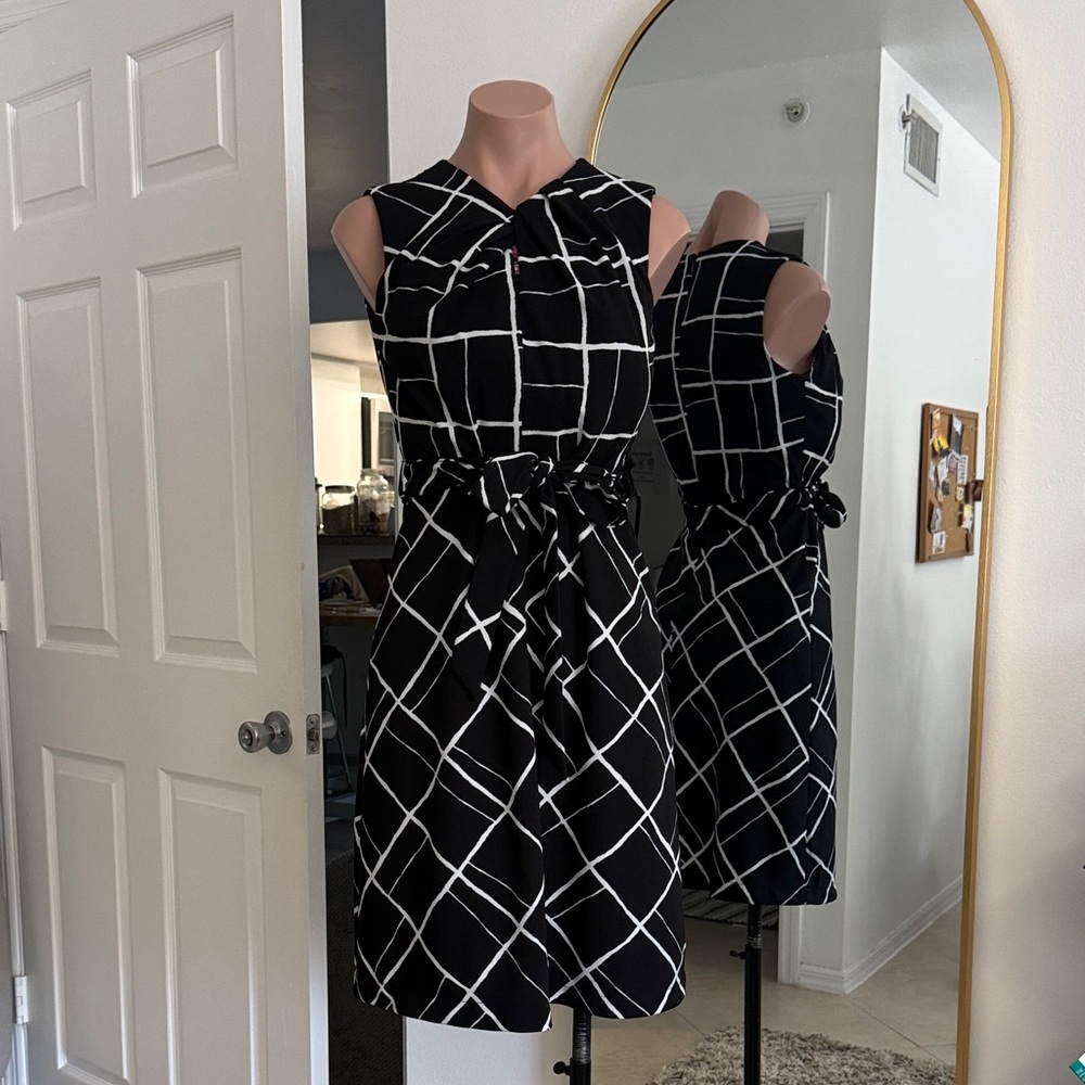 CK Black Windowpane Tie-Waist Sleeveless Dress